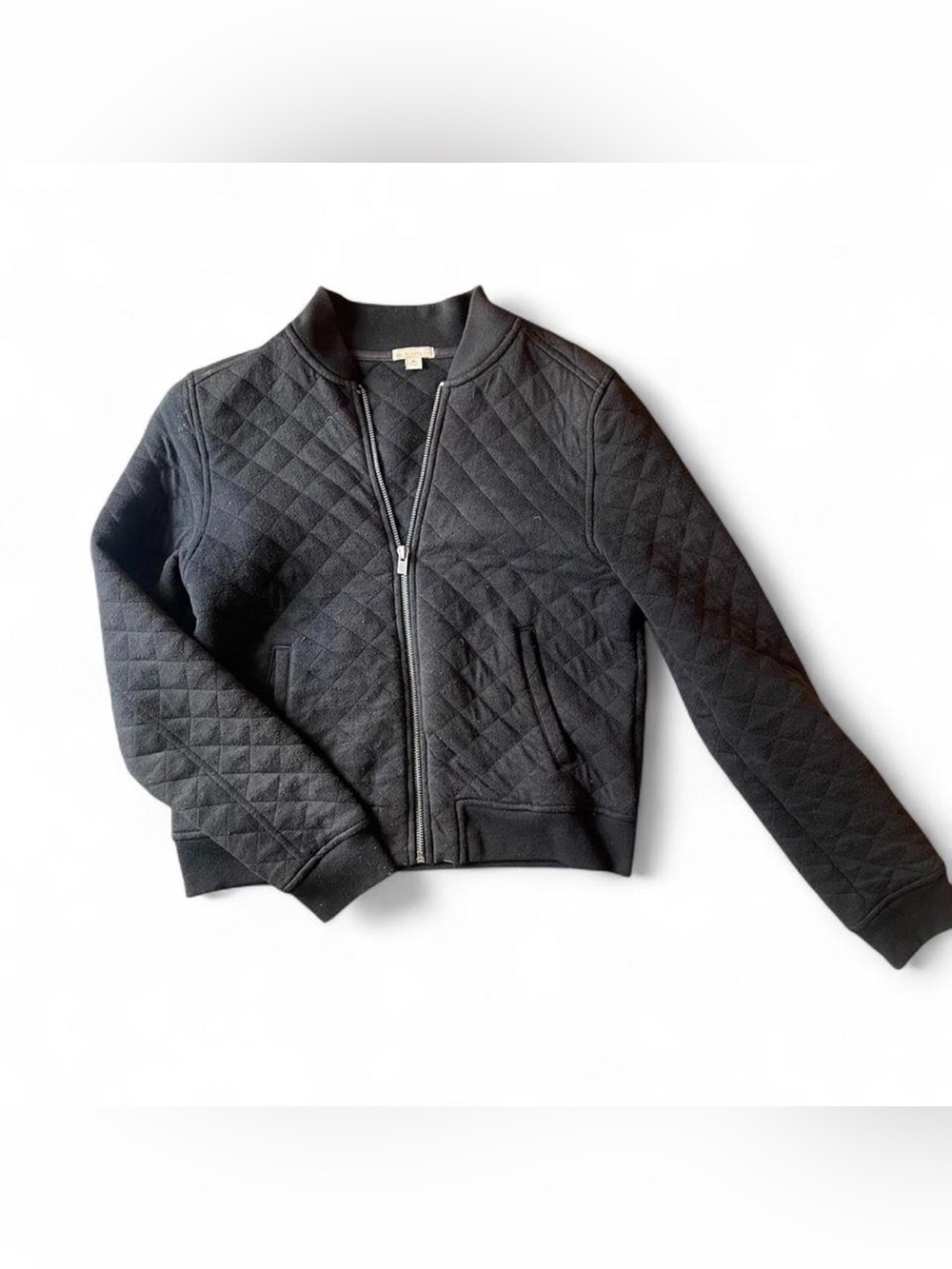 Black Quilted Bomber Jacket Moto Jacket Sleek Fitted Minimalist Sz M